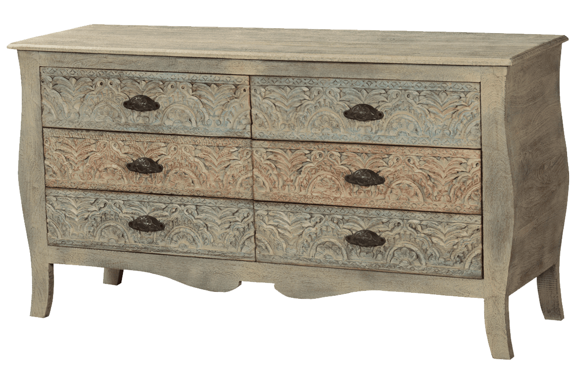 French Provincial Mango Wood Bombe Chest of Drawers