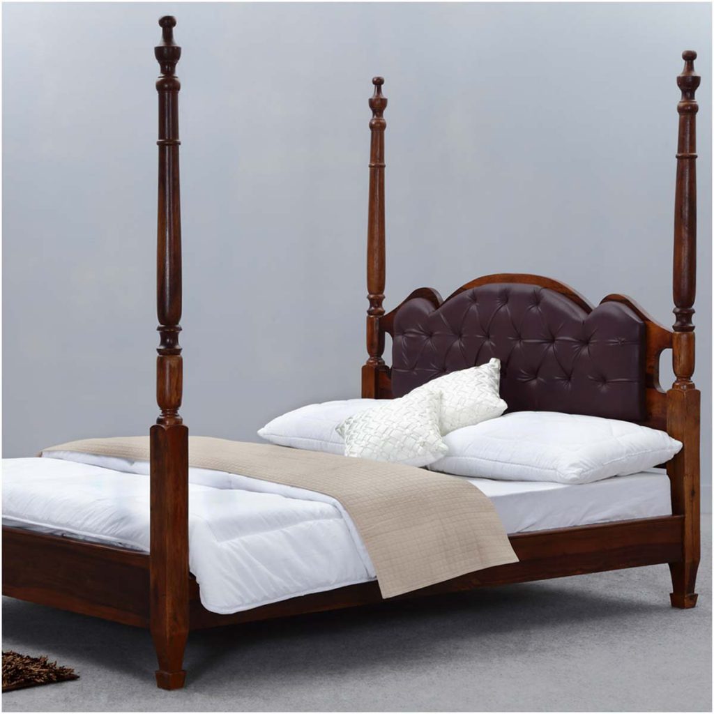 Four Poster Bed Frame w Headboard English Tudor Solid Wood & Leather