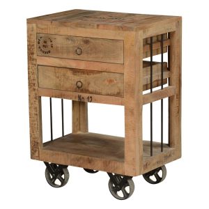 Industrial Style Rustic Solid Wood 2 Drawer End Table w Rolling Wheels