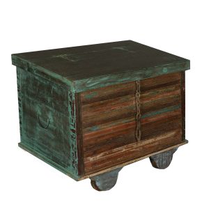Industrial Green Reclaimed Wood Rolling Foot Locker End Table Chest 