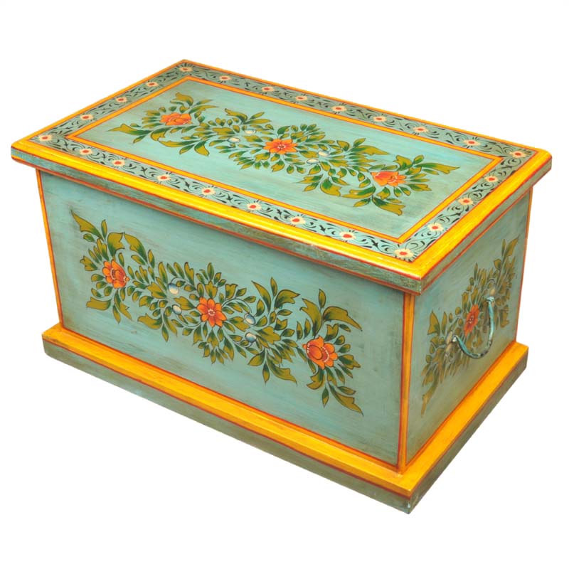 Green Floral Hand Painted Hardwood Coffee Table Chest