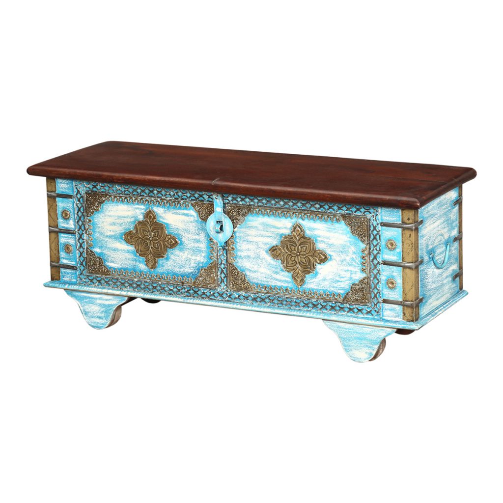 Blue Double Diamond Mango Wood Rolling Coffee Table Chest