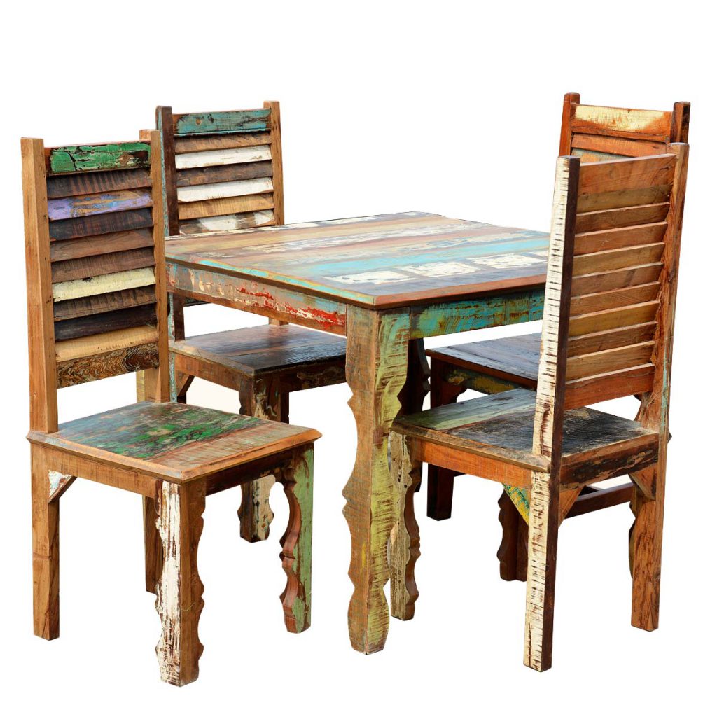 Rustic Reclaimed Wood Dining Table w Shutter Back Chairs For 4 People 