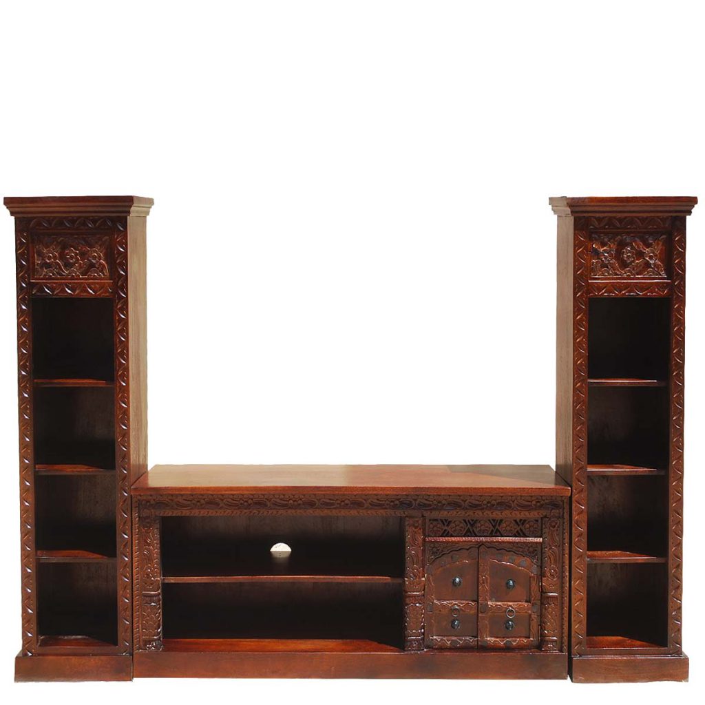 Rustic Solid Wood Twin Bookcase Media Console TV Stand