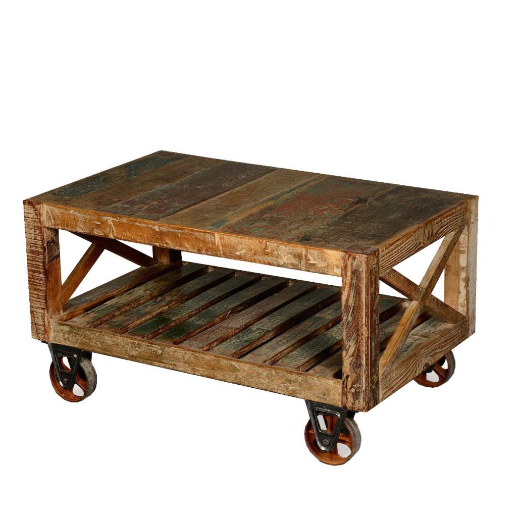 Industrial Rustic Reclaimed Wood & Iron Rolling Double X Coffee Table 