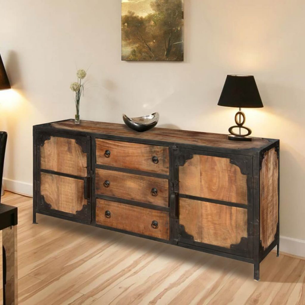 Windsor Solid Wood & Iron 3 Drawer & 2 Door Industrial Buffet Cabinet