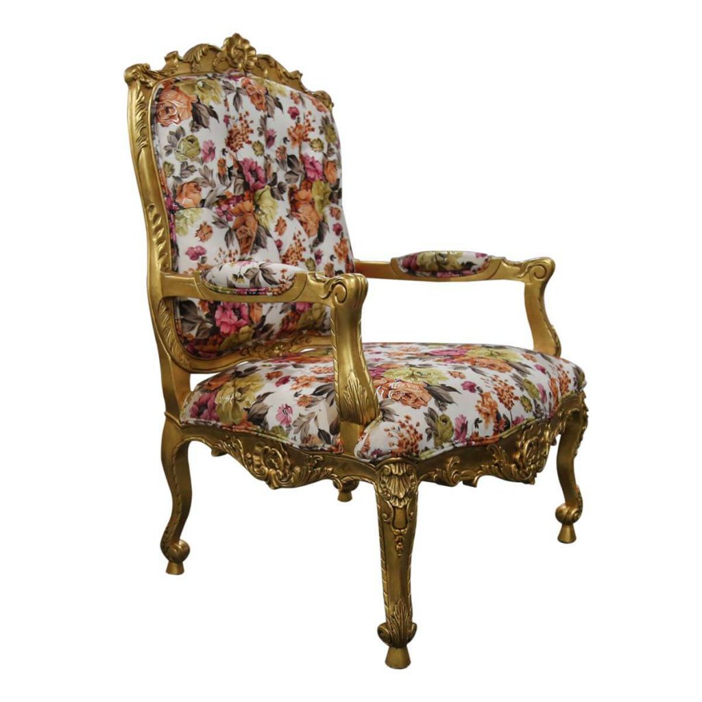 Oldbury Carved Mahogany Wood Baroque Armchair with Floral Upholstery