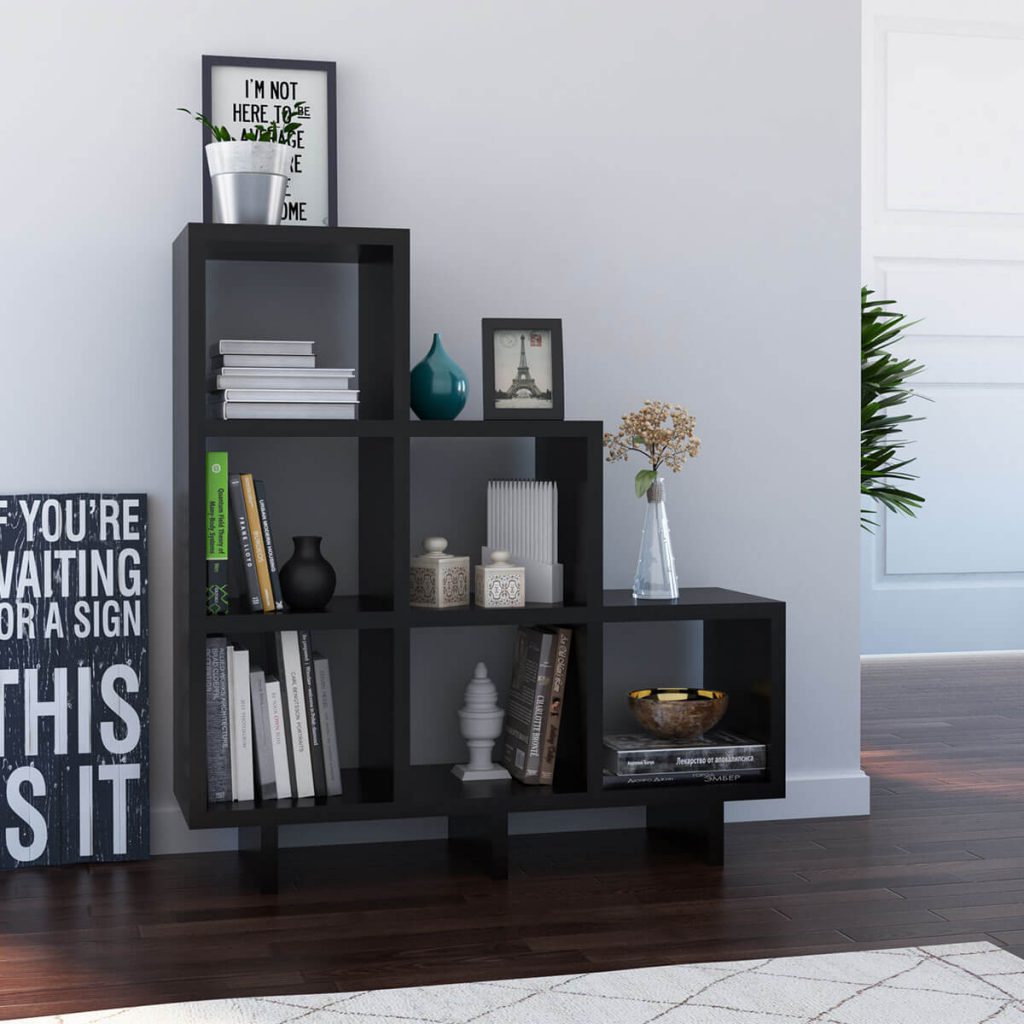 Solid Wood Black Stair Step Bookcase 