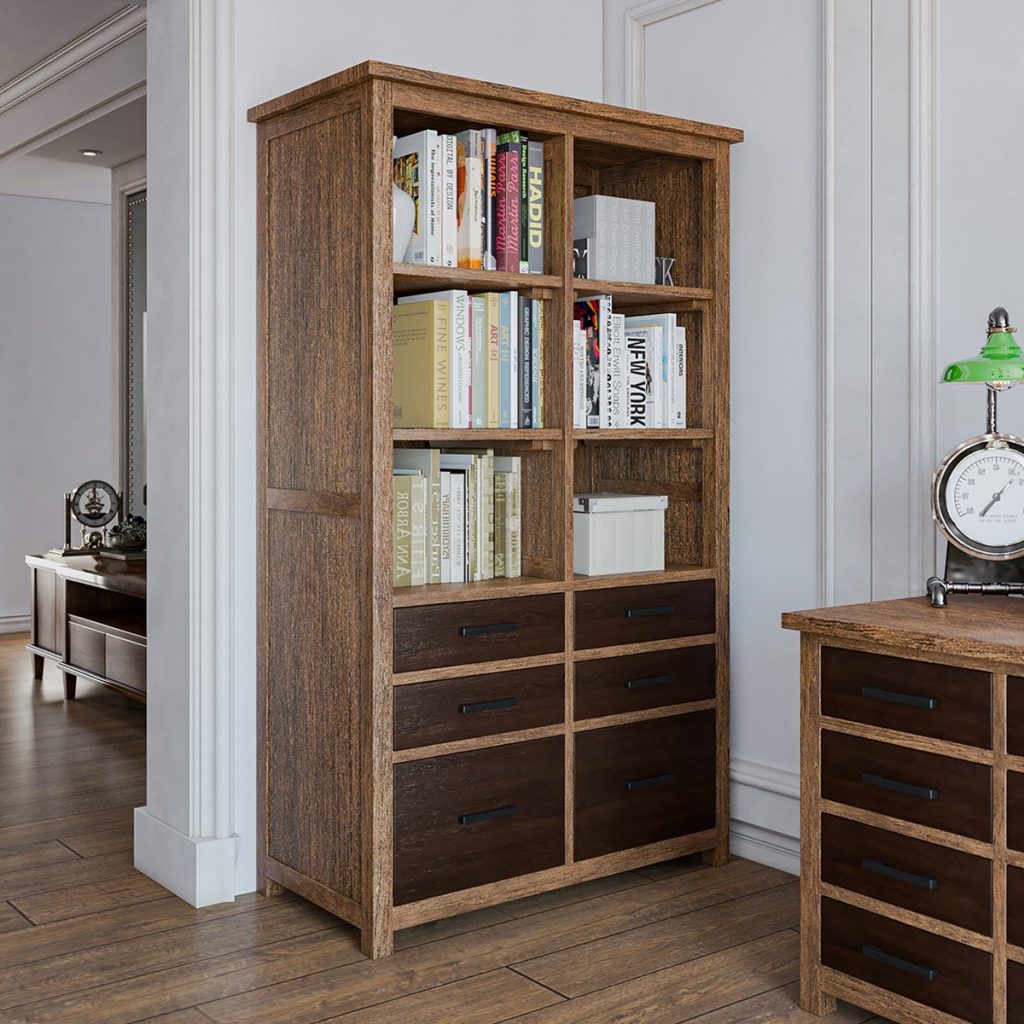 Teak wood bookcase with drawers