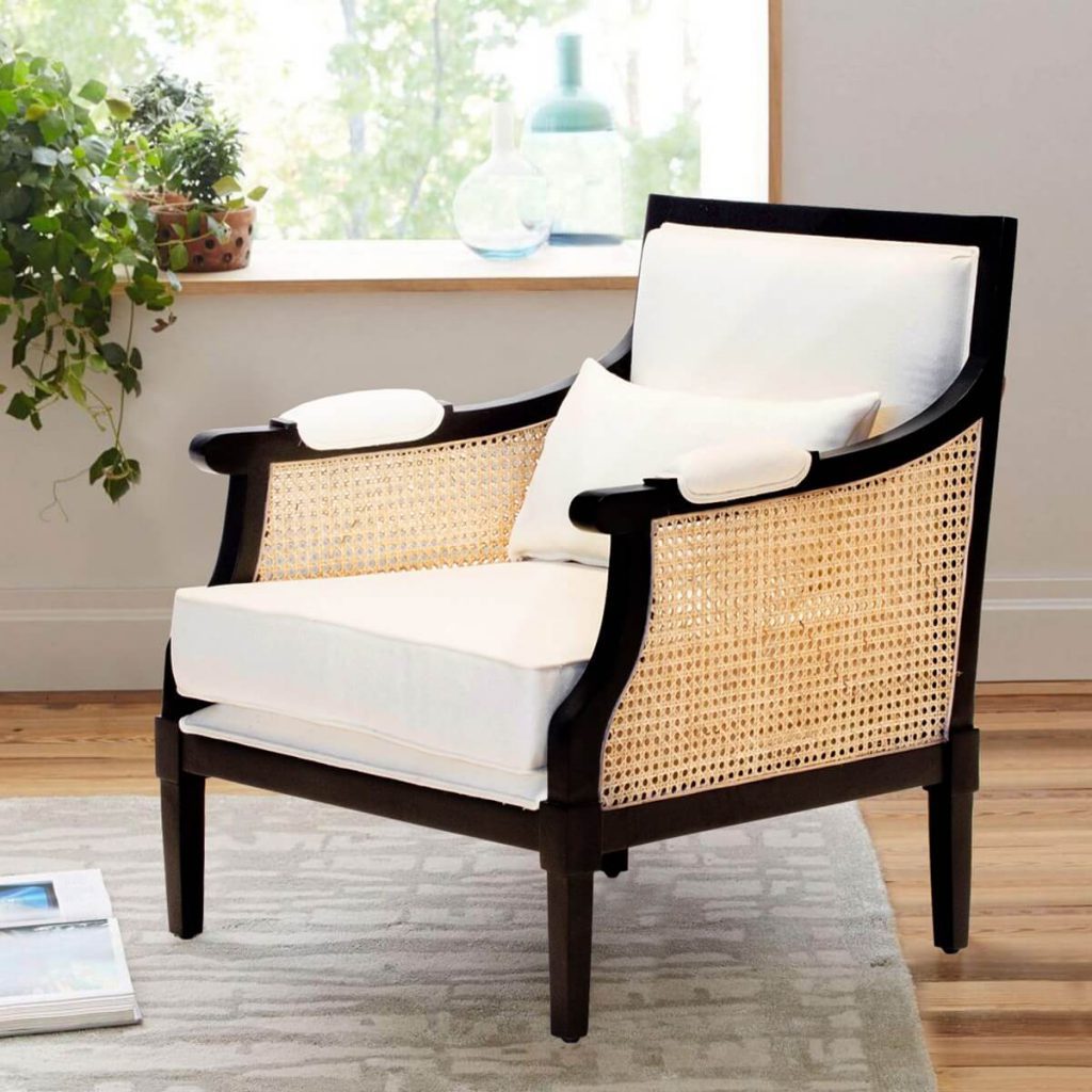 Nemaha Mahogany Wood Upholstered Cane Arm Sofa Chair