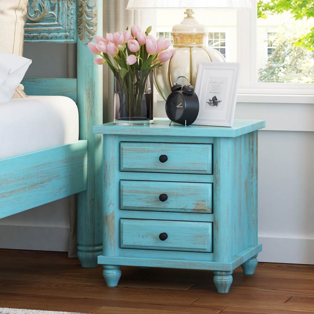 Victorian Mango Wood Vintage Turquoise Nightstand With 3 Drawers