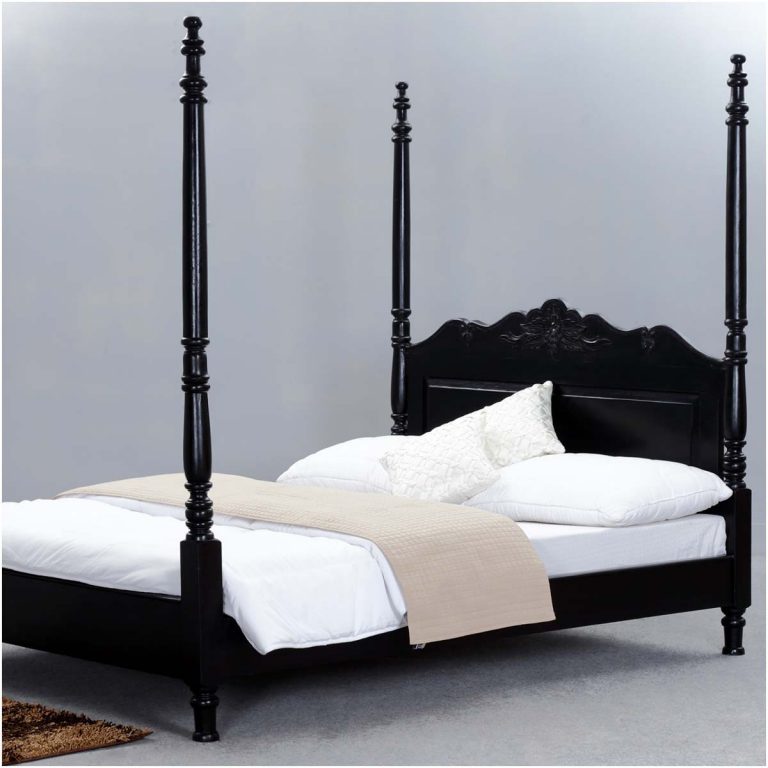 Midnight Solid Wood Four Poster Bed Frame w Hand Carved Headboard 