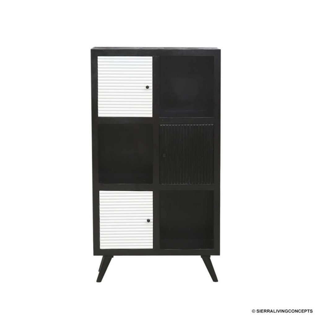 mid century modern black bookcase white doors 