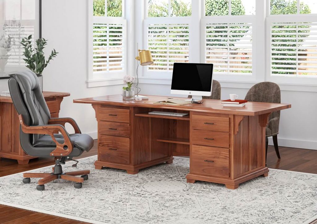 solid wood organized desk with office chair