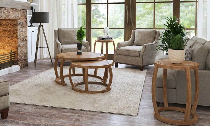 Two nested coffee table set placed in living room with sofas