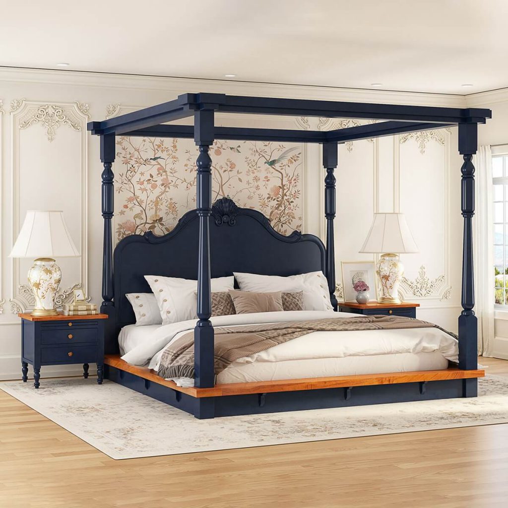 Solid Wood Low Profile Platform Canopy Bed Frame w Tall Headboard 