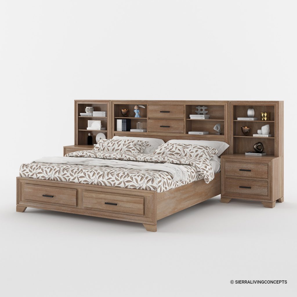 Modern Farmhouse Solid Wood Platform Bookcase Bed 