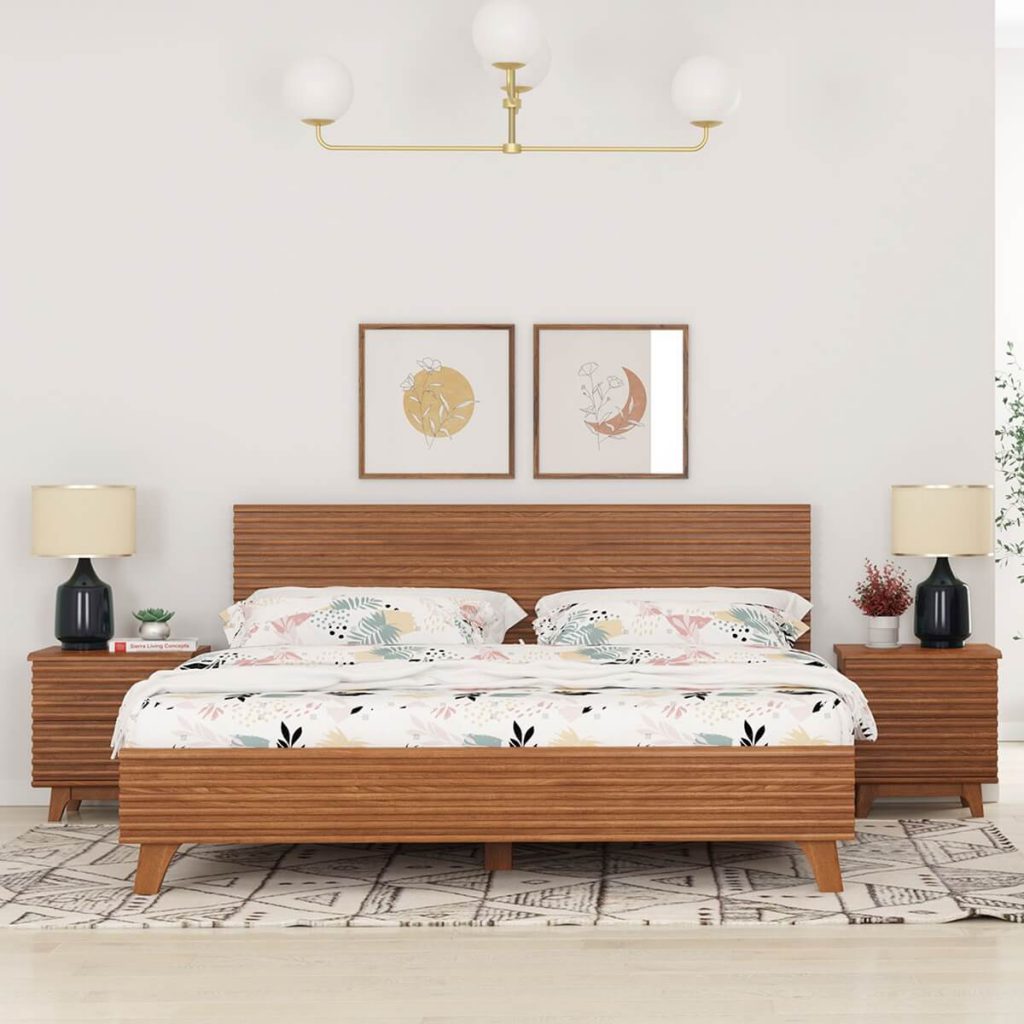 Mid century modern style bed with two nightstands on both sides