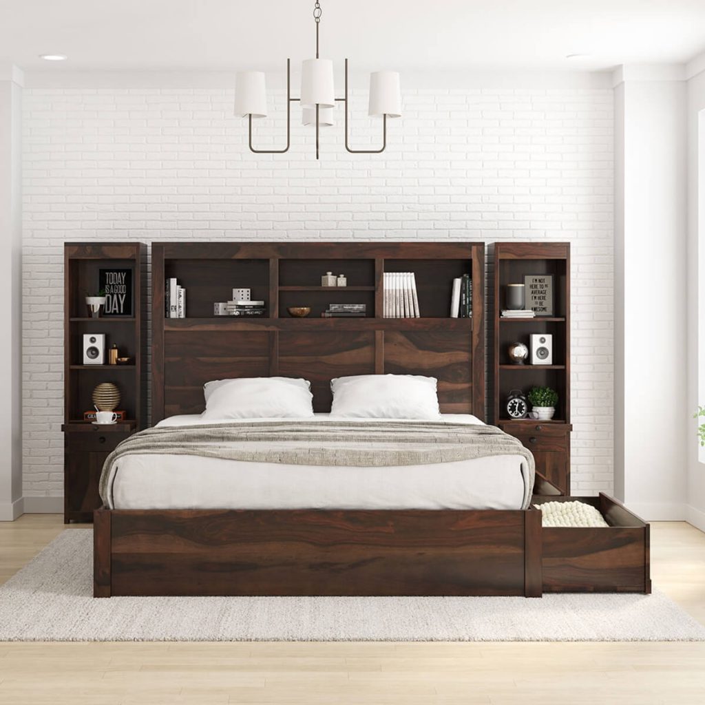 Solid Wood Storage Platform Bed w Bookcase Headboard