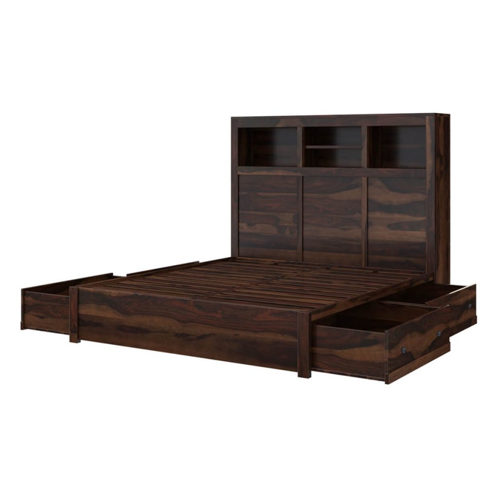 Solid Wood Storage Platform Bed w Bookcase Headboard frame
