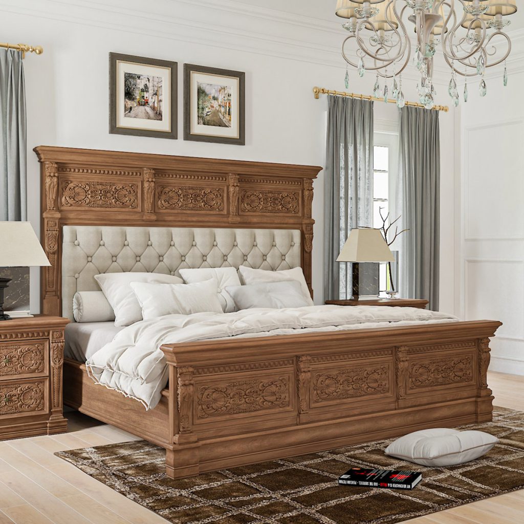 Rustic Mahogany Wood Platform Bed with upholstered headboard