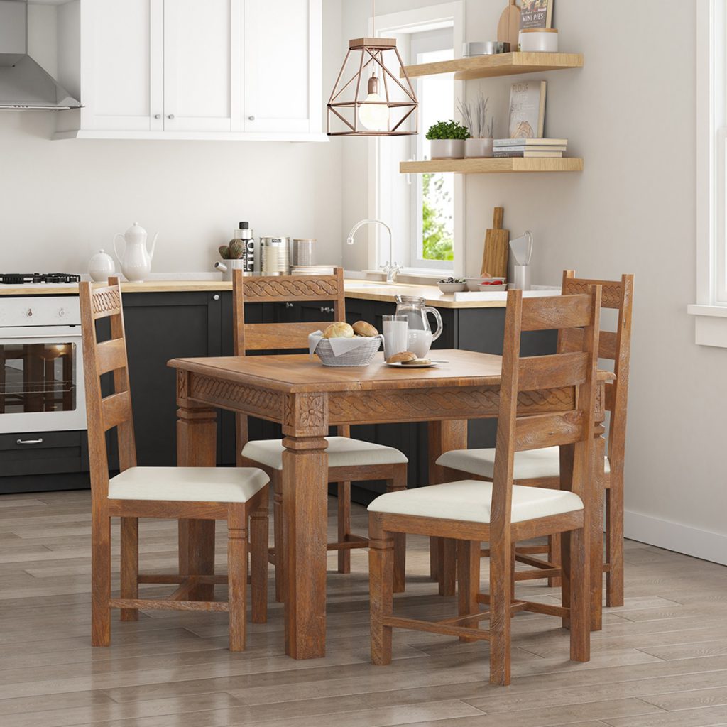Natural Wood Square Kitchen Table and Chair Set of 4