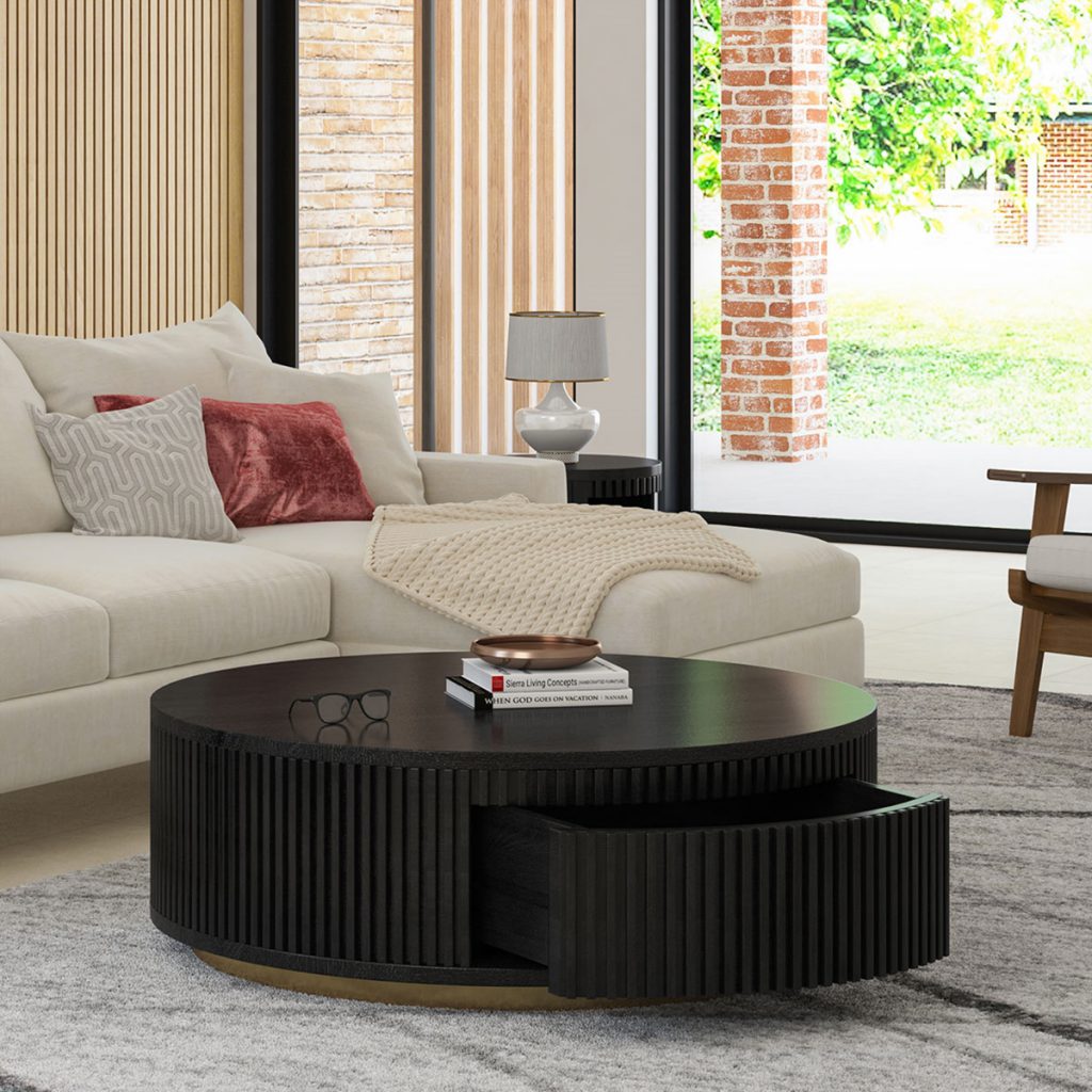 Mango Wood Fluted Black Round Coffee Table With Storage