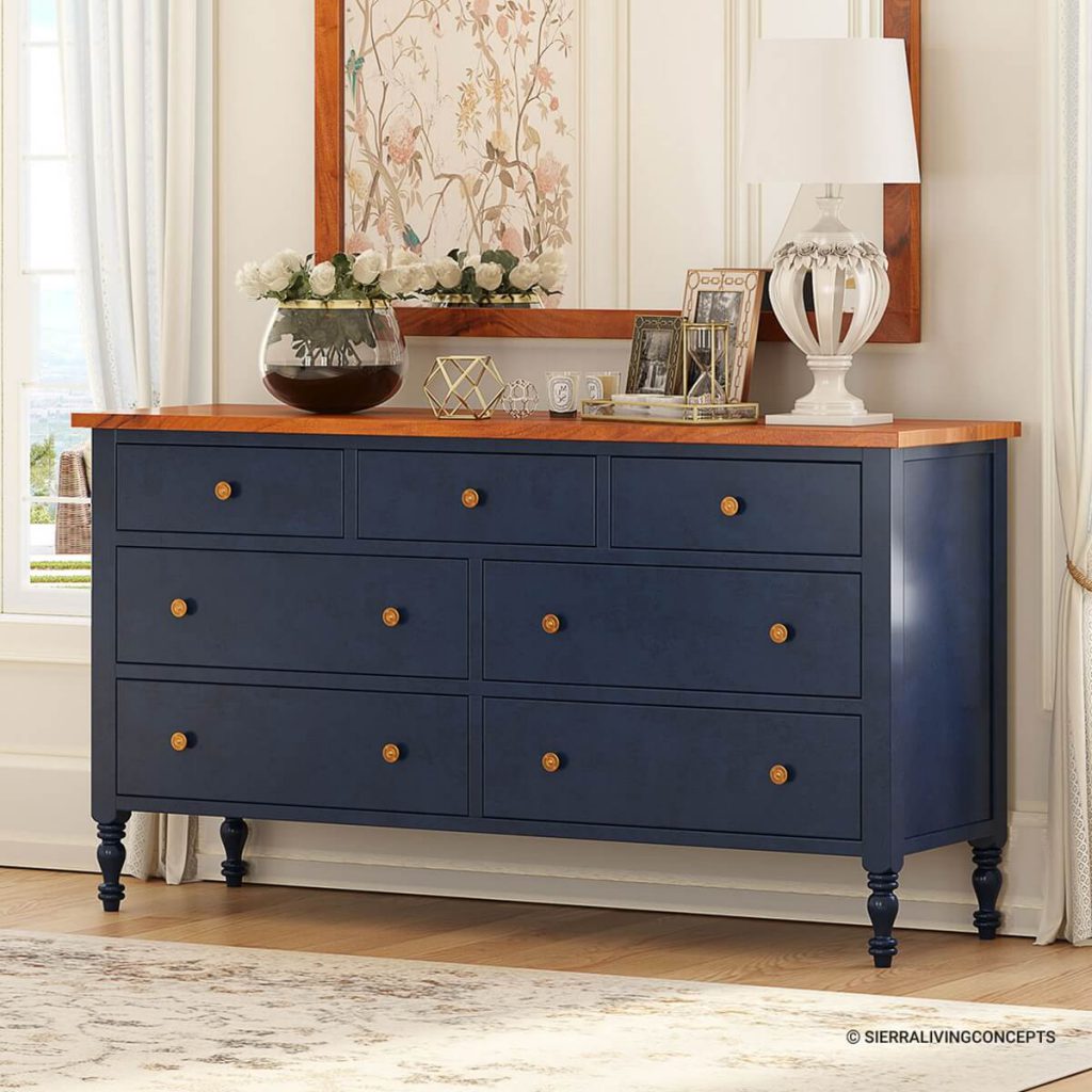 Blue Two Tone Solid Wood 7 Drawer Bedroom Dresser