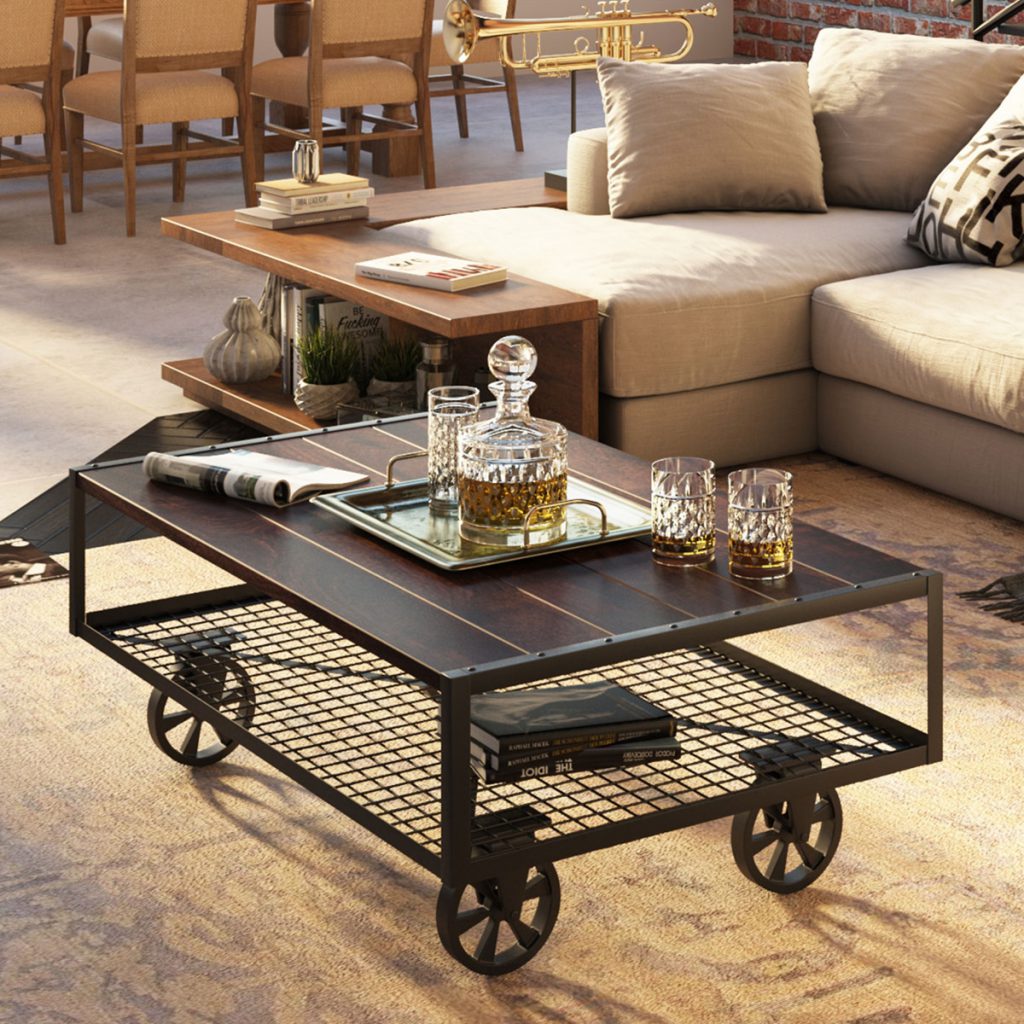 Industrial Coffee Table on Wheels with Storage