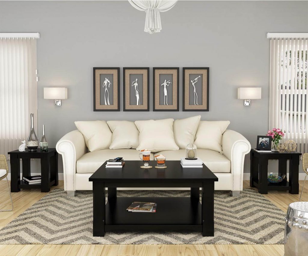 Black Solid Wood 3 Piece Coffee Table Set