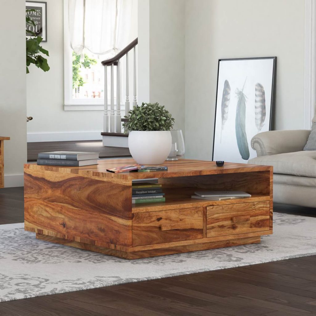 Rustic Solid Wood Square Coffee Table with 4 Drawers