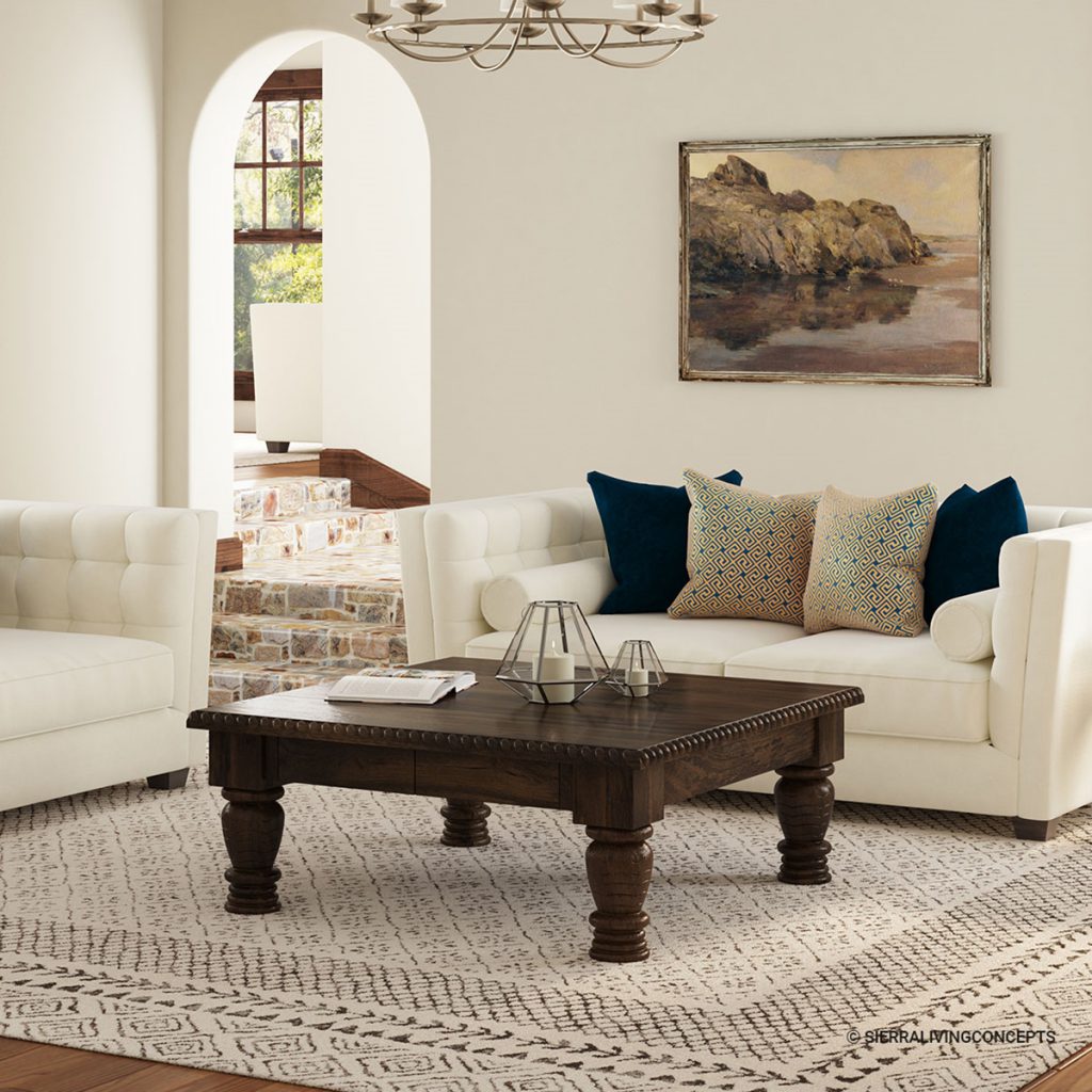 Rustic Solid Wood Traditional Large Square Coffee Table in front of white sofa with couch over it.