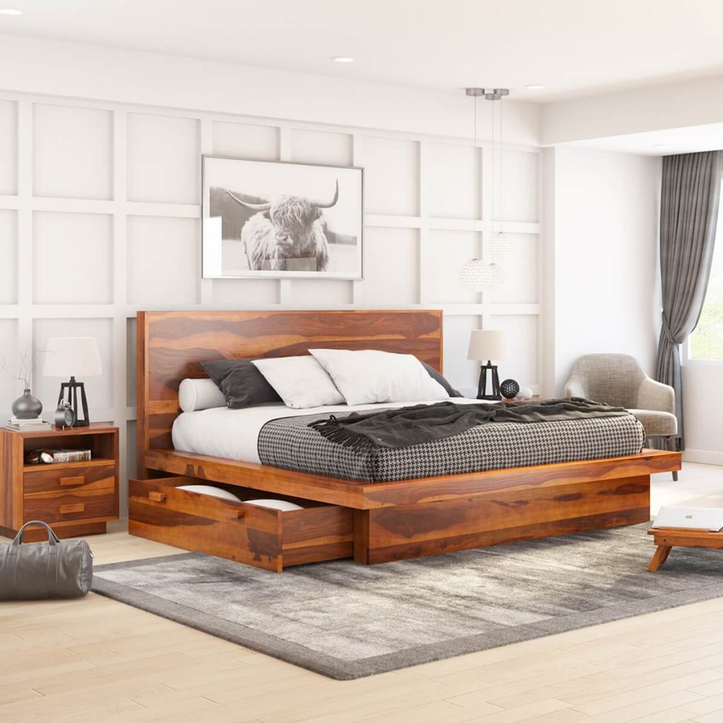 Brocton Rustic Modern Solid Wood Platform Bed with Storage Underneath
