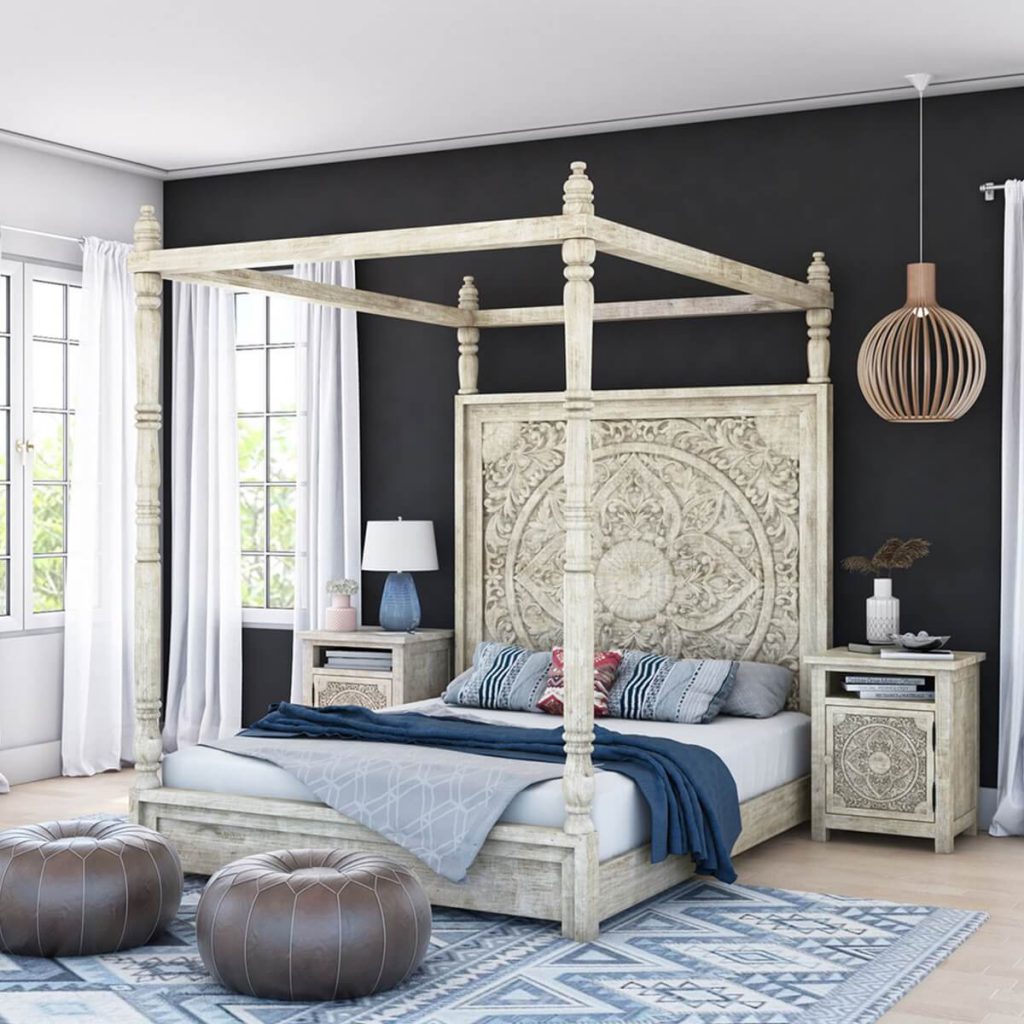  Weathered Hand-carved Solid Mahogany Wood Canopy Platform Bed