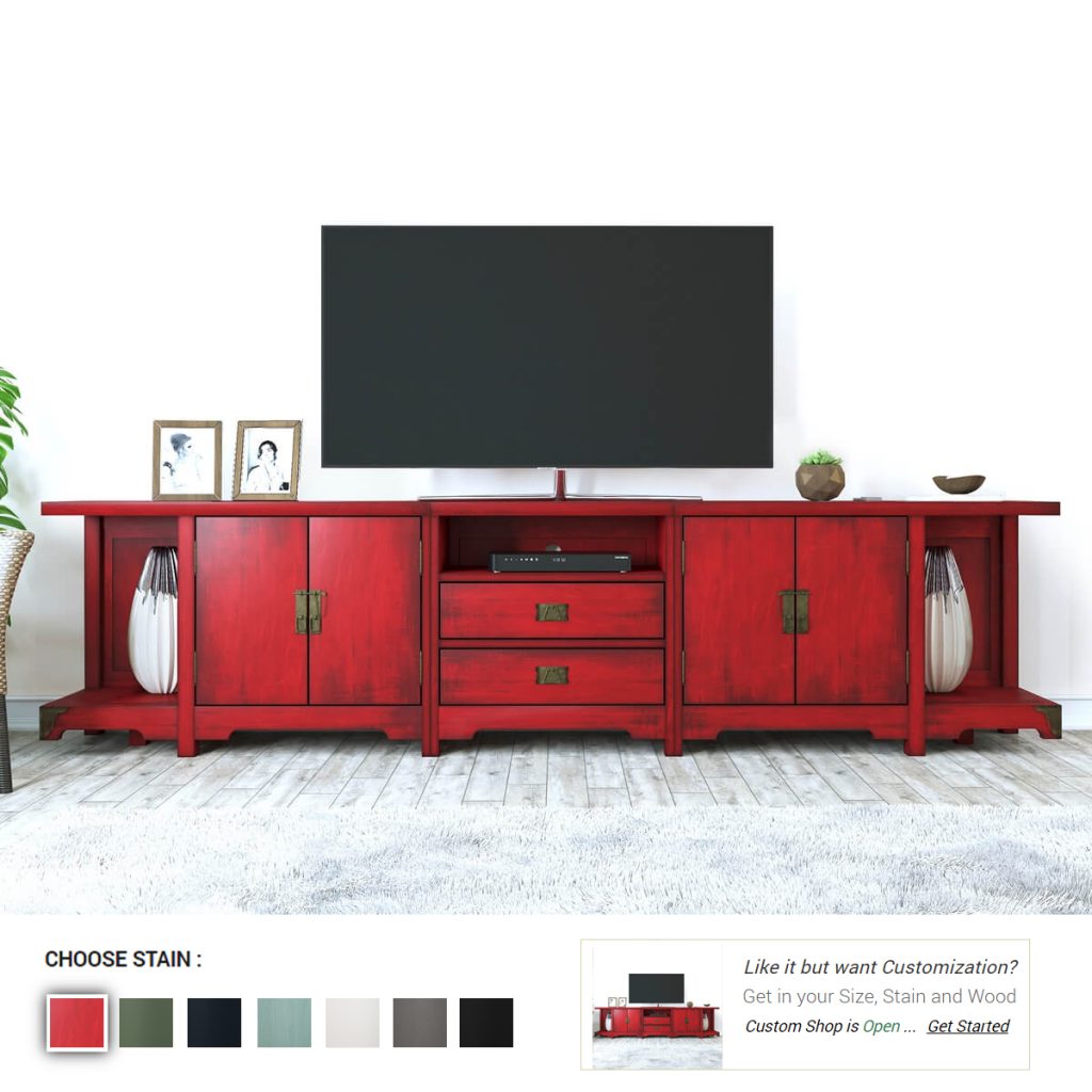 Solid Mahogany Wood Long TV Stand w Cabinets & 2 Drawers