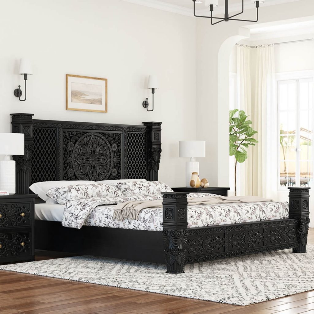 Rustic Solid Wood Platform Bed With Moroccan Style Headboard