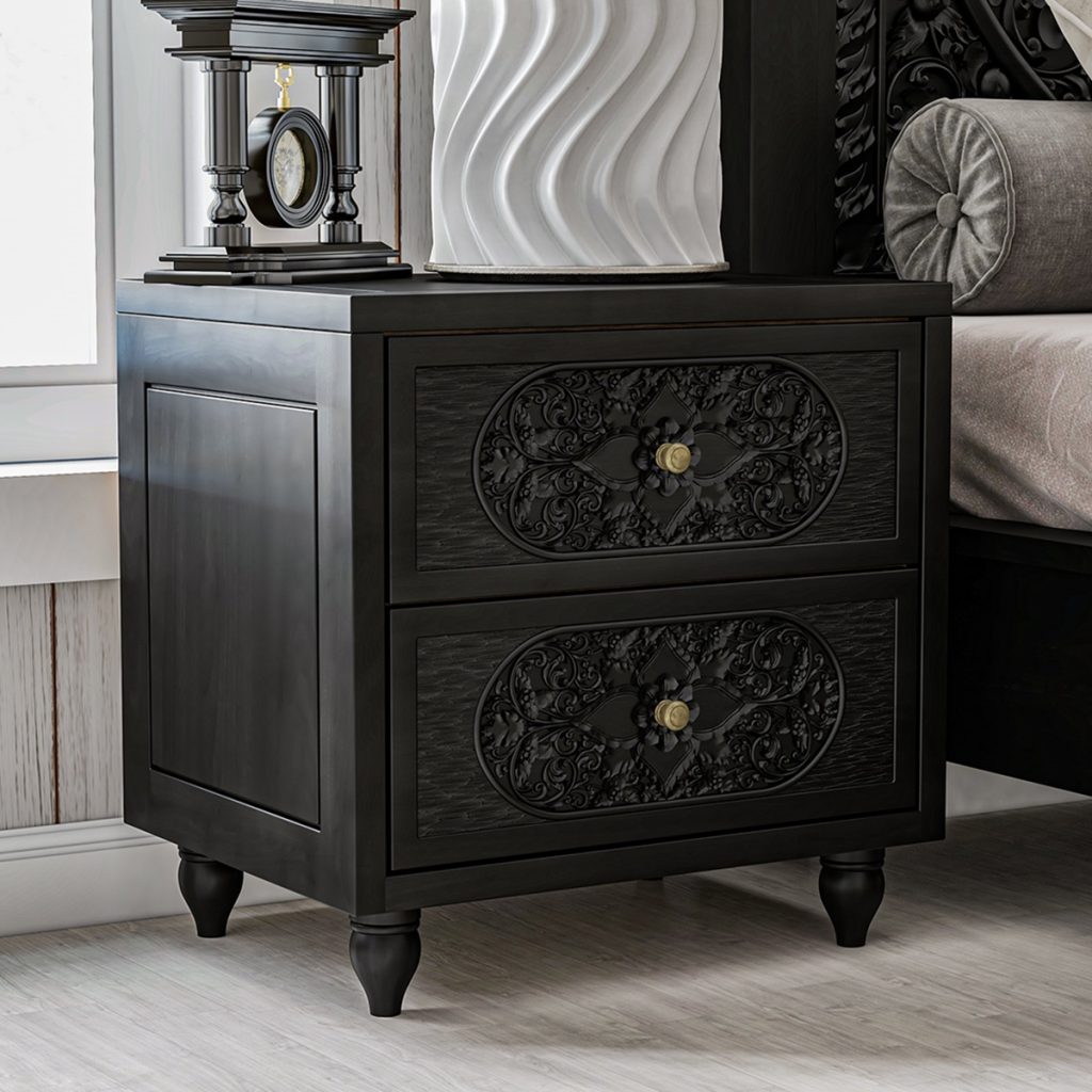 Solid Wood Hand-carved 2 Drawers Nightstand 