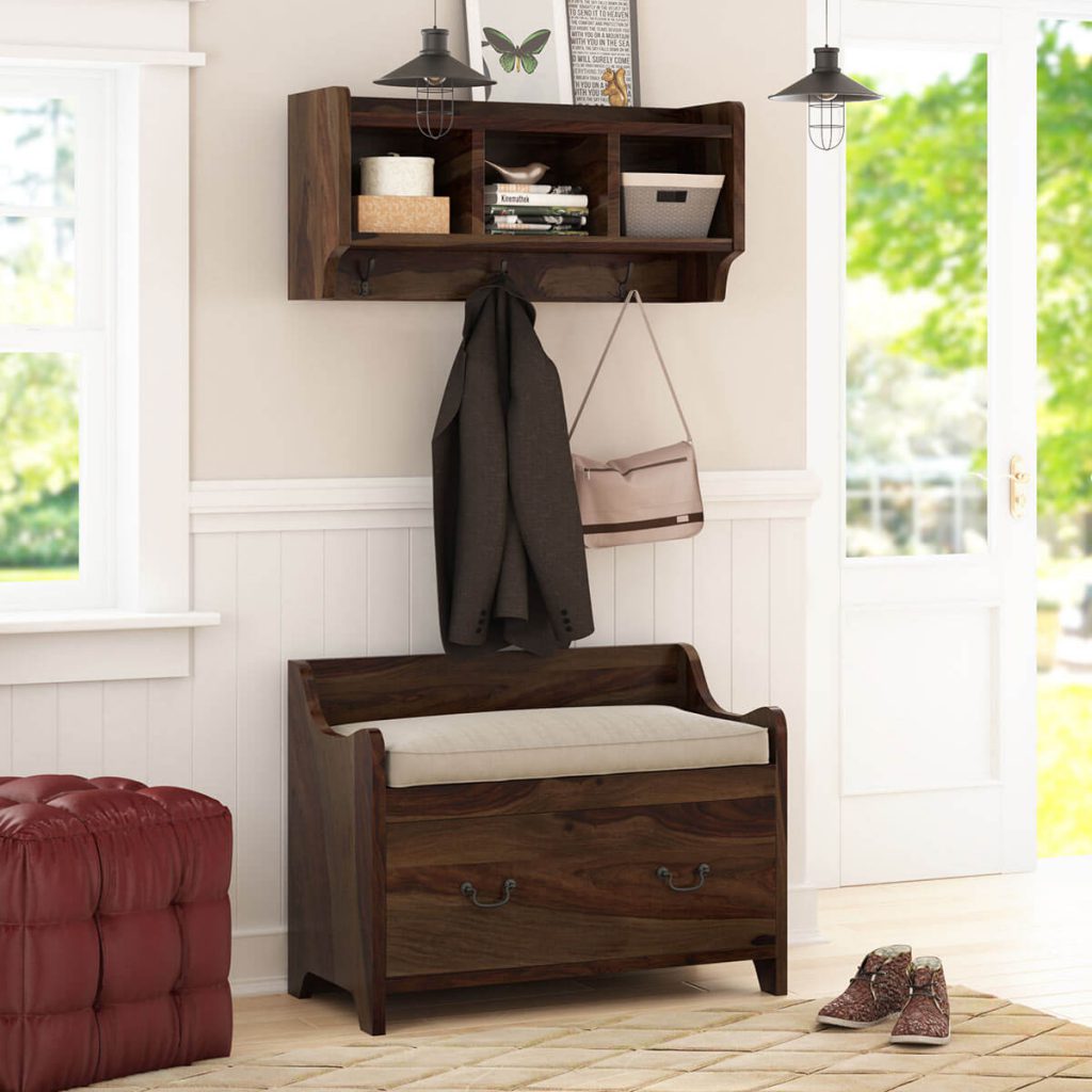 Rustic Solid Wood Wall Hanging Hall Tree Bench with Storage 