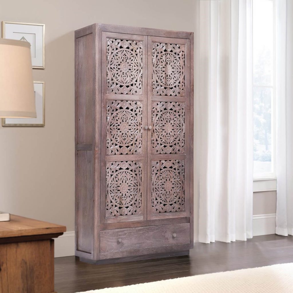 Wichita Boho Chic Mandala Fretwork Solid Wood Armoire w Shelves