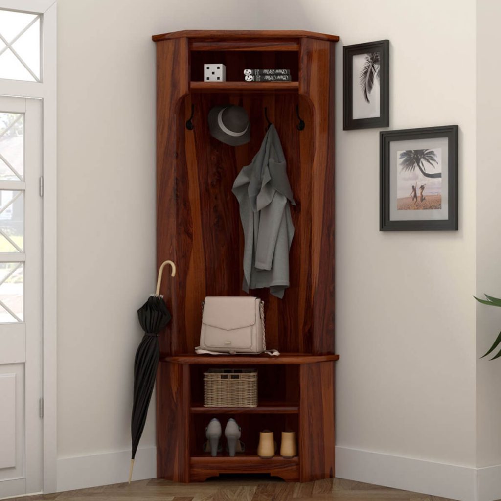 Rustic Solid Wood Corner Entryway Hall Tree and Shoe Storage