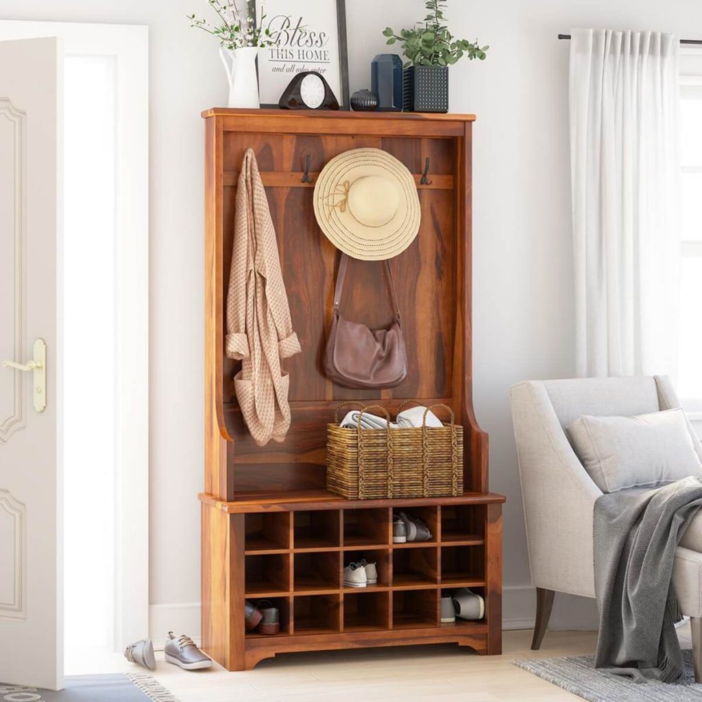 Rustic Solid Wood Entryway Hall Tree With Shoe Storage