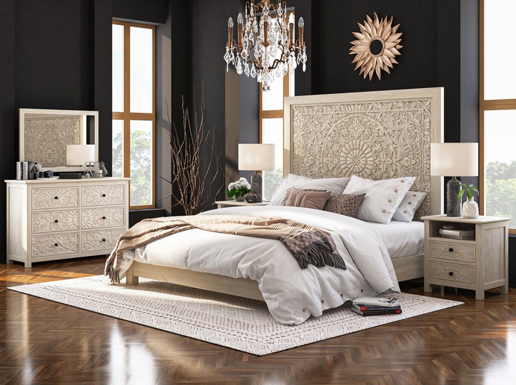 Weathered White Solid Wood Moroccan 4 Piece Bedroom Set