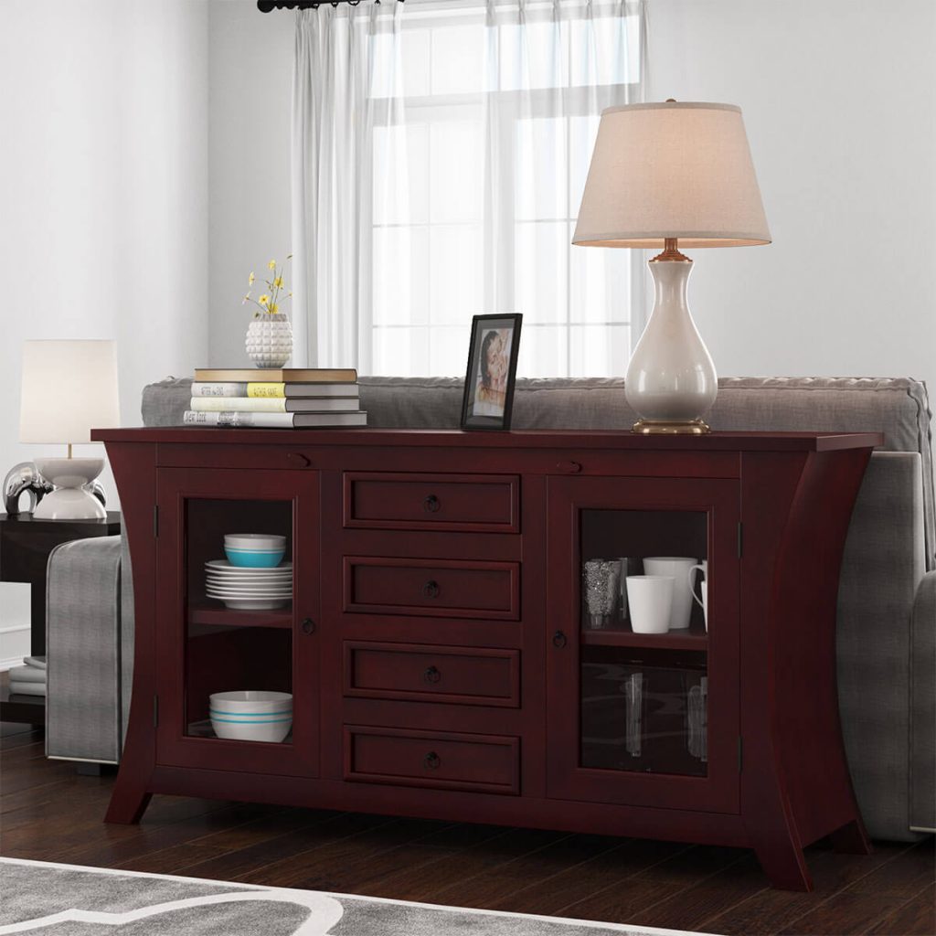 Aripeka Solid Mahogany Wood Glass Door 4 Drawer Large Sideboard