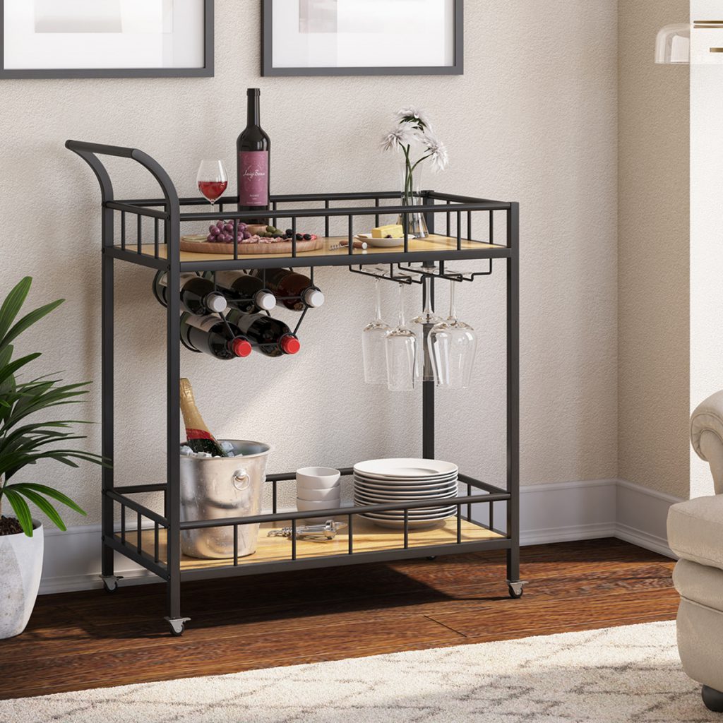 Castella Modern 2 Tier Bar Cart with Wine Storage