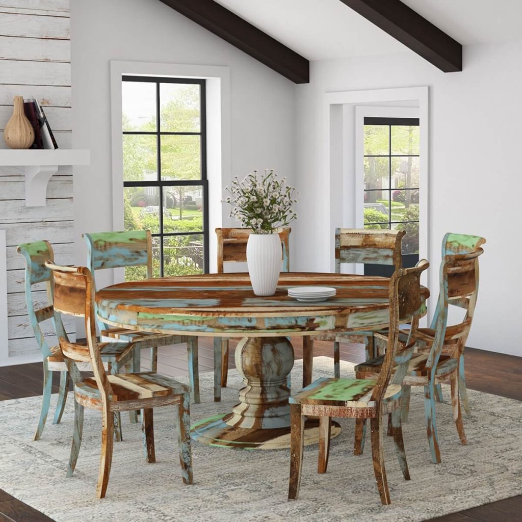 Rustic Reclaimed Wood 8 Seater Round Dining Table Set