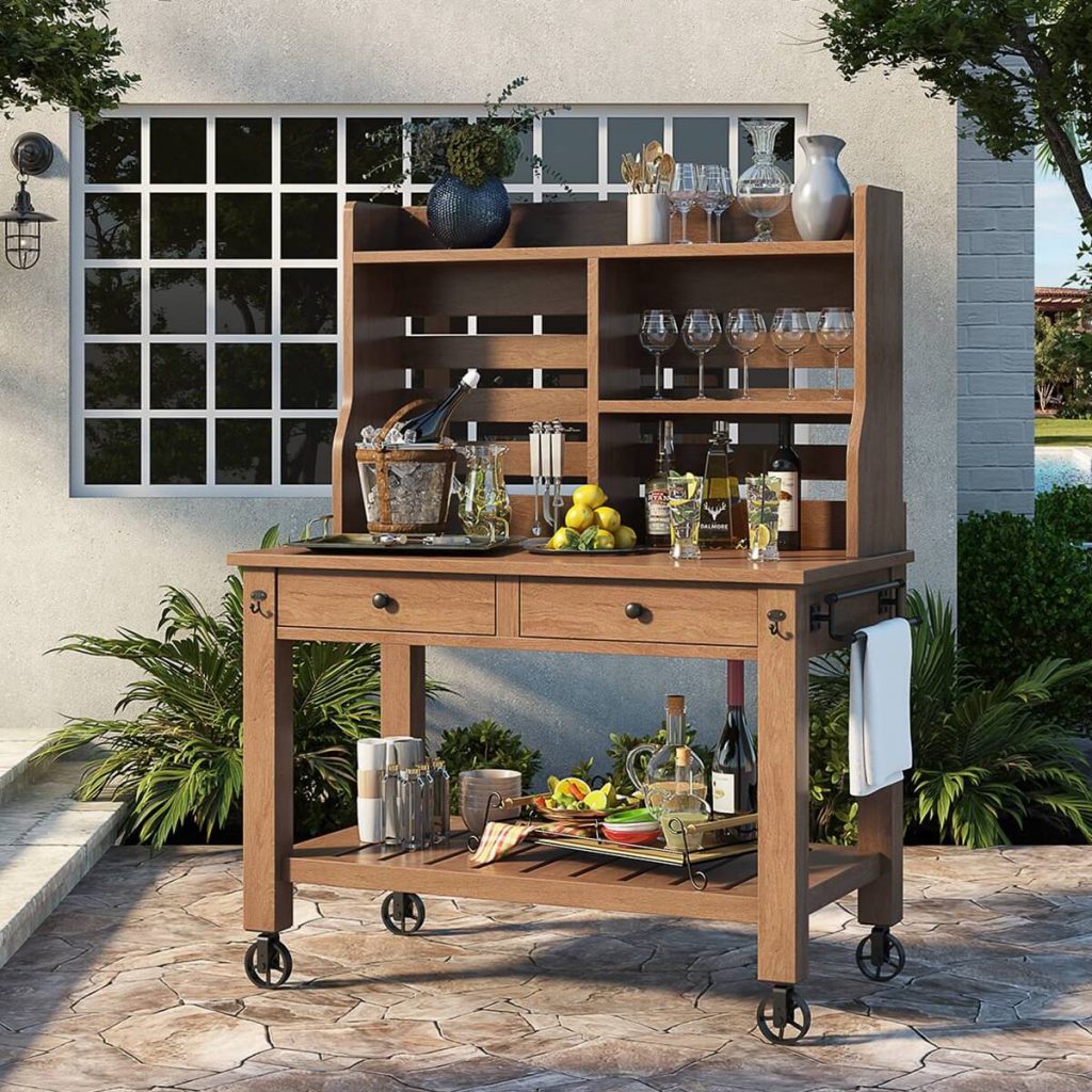 Renfrew Rustic Teak Wood Outdoor Mobile Bar Cart With Hutch