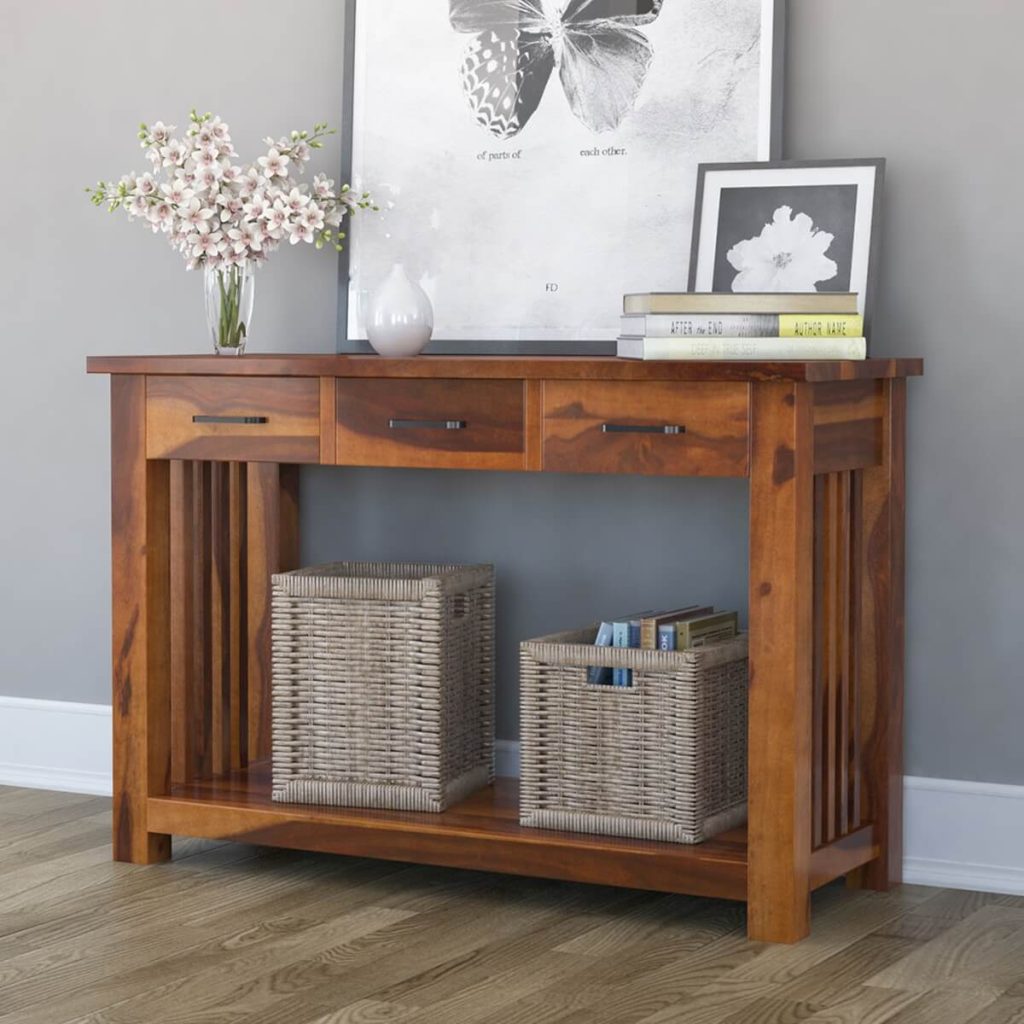 Jeddito Mission Rustic Solid Wood Console Hall Table With 3 Drawers
