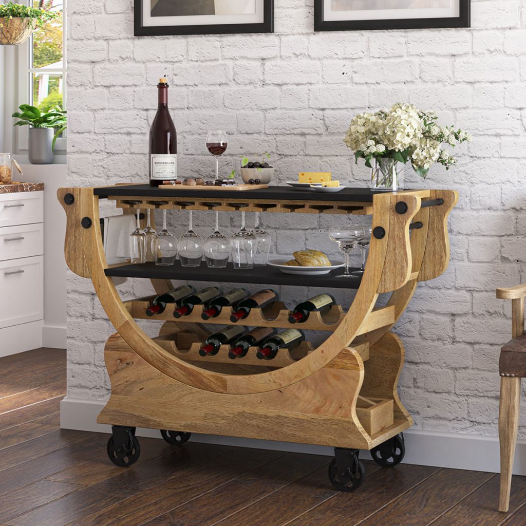 Farmhouse Style Rustic Solid Wood Bar Cart with Wine Rack