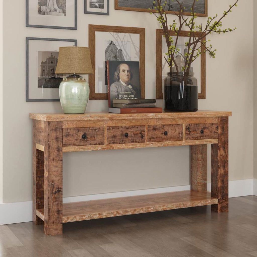 Britain Two Tier Rustic Teak Wood Console Hall Table With 4 Drawers