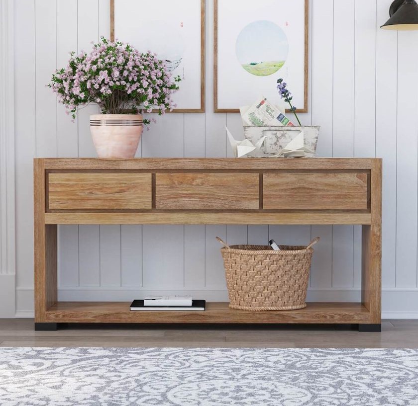 Oaso Rustic Solid Wood Console Table With 3 Drawers